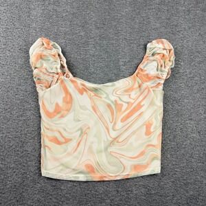 7DAY WKND Women's S Small Swirl Print Mesh Y2K Crop Top Orange Green